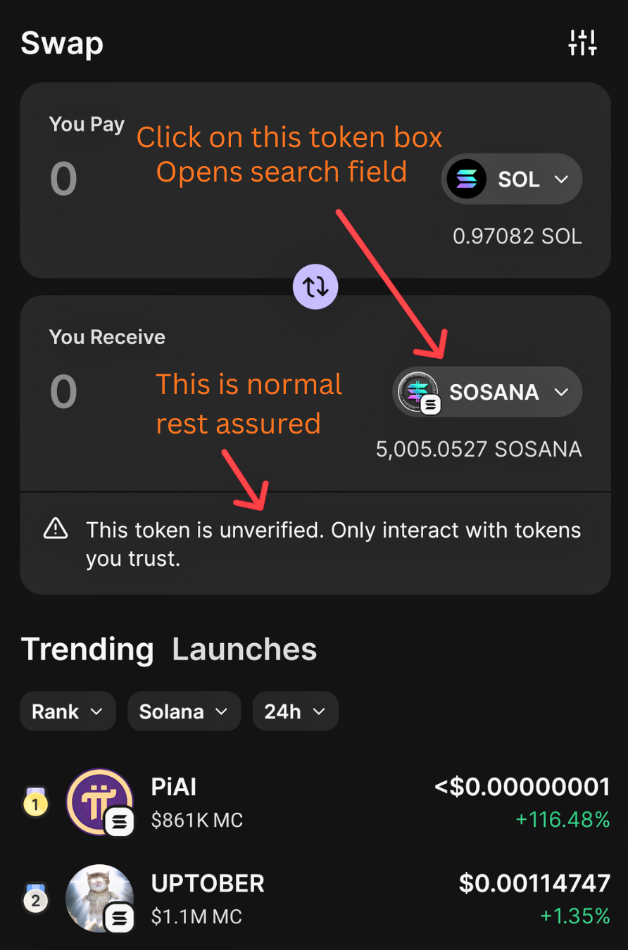 New SOSANA SWAP Screen